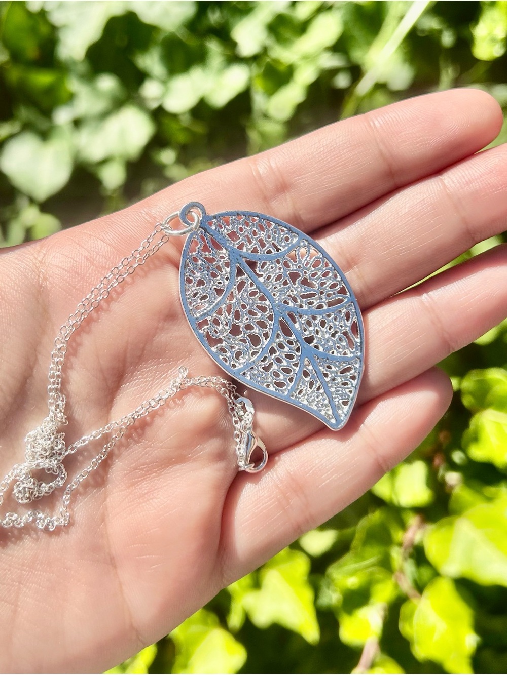 925 Sterling Silver Filigree Leaf Pendant Necklace 16”